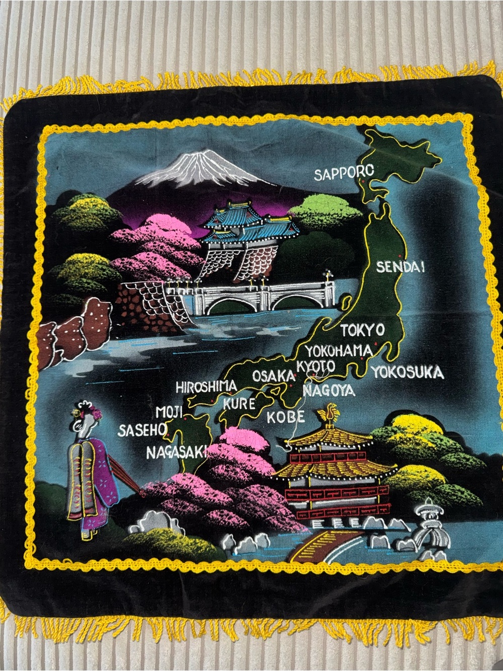 Vintage Japan Scenic Pillow Cover in Black and Multicolor